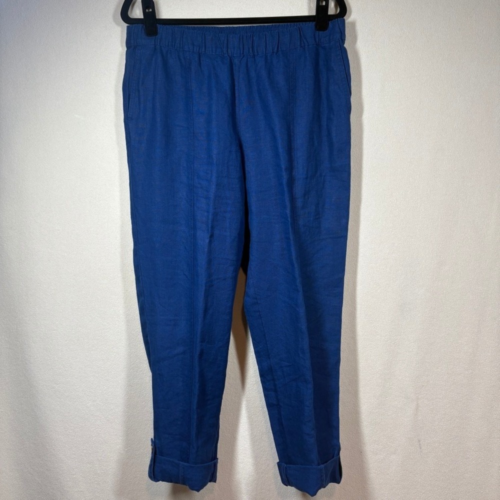 J. Jill Love Linen Pant Womens M Blue Elastic Waist Cuffed Hem Resortwear Casual